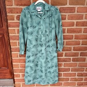 Leo-Danal 70s Teal Paisley Long Sleeve House Dress